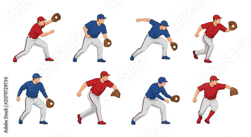 Vászonkép Baseball Players in Action: Pitcher, Catcher, Fielder Poses - Sports Illustratio