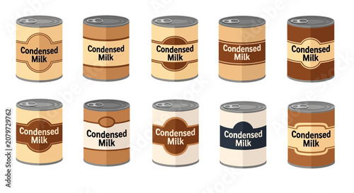 Collection of Condensed Milk Cans, Various Designs, Food Ingredient Icons
