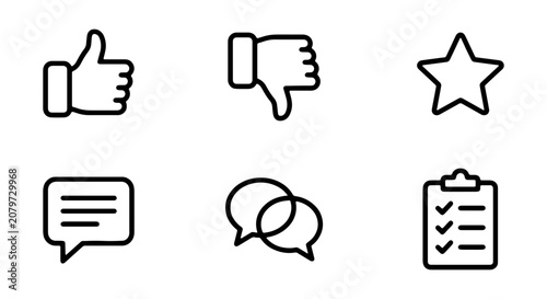 Konstfotografi Feedback Icons: Thumbs Up, Down, Star, Chat, Review, Checklist, Vector Set
