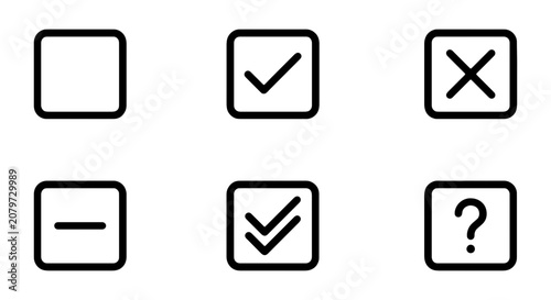 Fotografie Minimalist Icon Set: Checkmark, Cross, Minus, Question Mark, Empty Box, Double C