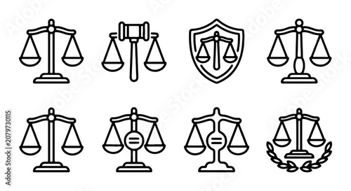 Foto Justice Scales Icons, Legal Balance Symbols, Law Gavel & Shield Vector Set