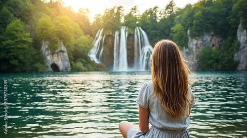 Young woman sitting by a turquoise lake looking at a majestic waterfall in a lush green forest during sunset
