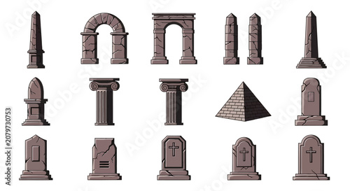 Slika na platnu Set of Stone Tombstones and Ancient Architectural Elements