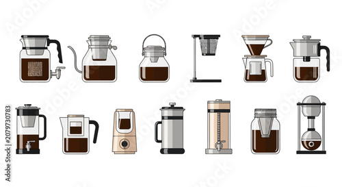 Fotografie Set of Various Coffee Brewing Equipment and Pour Over Coffee Makers