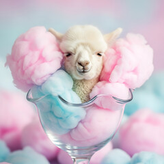 Adorable baby alpaca nestled in fluffy pink and blue cotton candy in a glass bowl