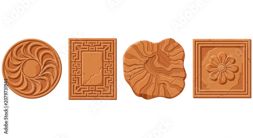 Fotografía Collection of ancient carved stone reliefs with geometric and floral patterns