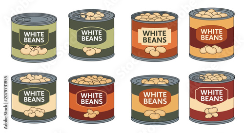 Collection of Canned White Beans, Variety of Colors, Isolated on White Background