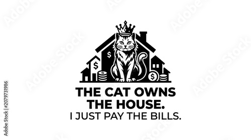 Quadro su tela Cat King of House with Crown, Money, and Bills Text