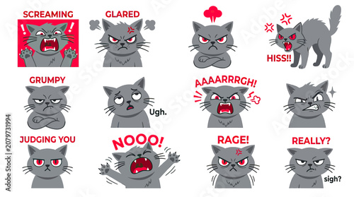 Foto Collection of Angry and Grumpy Cat Emojis with Expressive Faces and Text