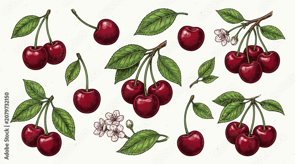 Fototapeta premium Artistic handdrawn organic red cherry berries with green leaves, vibrant botanical fruit collection, detailed colored pencil style sketch vector illustration on white background.