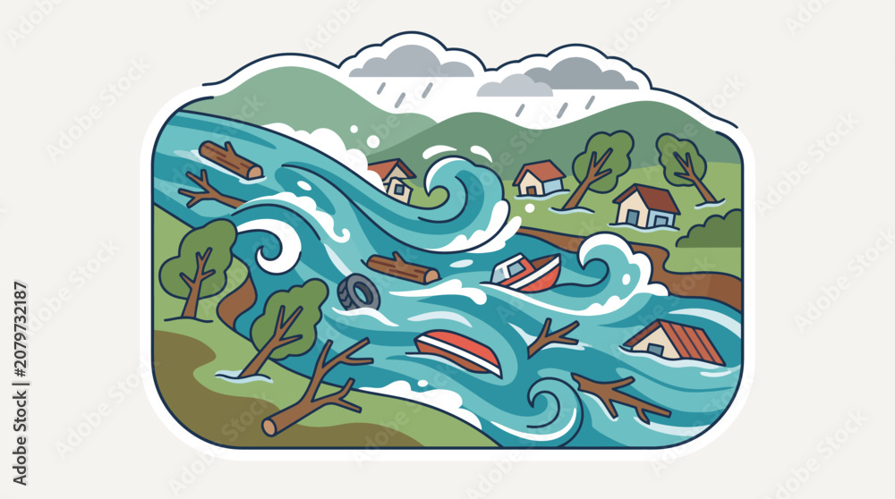 Naklejka premium Flash flood natural disaster vector illustration featuring a powerful river wave washing away houses, trees, boats, and logs in a cartoon style sticker design.