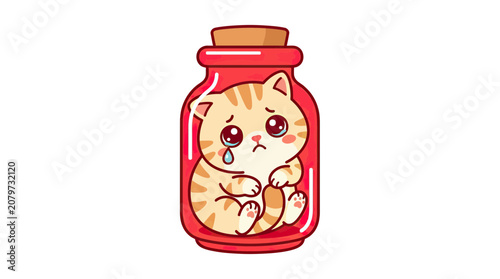 Cuadro en lienzo Sad Kitten Trapped in a Jar, Crying Tears, Cartoon Style
