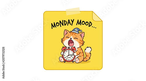 Bild auf Leinwand Tired cartoon cat in pajamas with alarm clock, Monday mood, sleepy