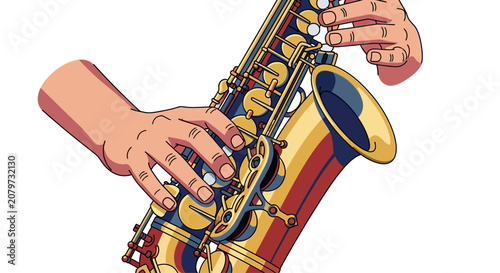 Cuadro en lienzo Illustration of Musician Hands Playing Golden Saxophone