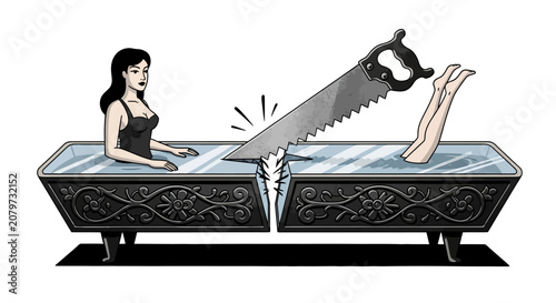 Foto Magician sawing a woman in half in a box, illusion, performance, trick, danger,