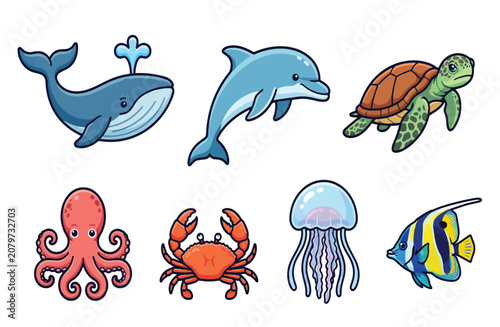 Photography Cute sea animals vector set, cartoon ocean creature collection with whale and do