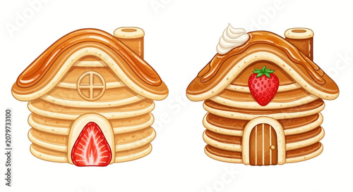 Tableau sur toile Set of Two Creative Pancake Houses Decorated with Strawberries and Syrup