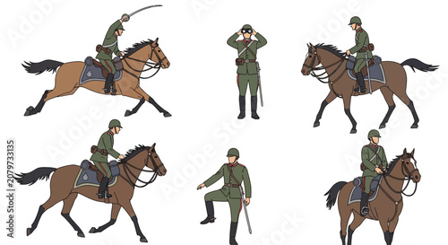 Obraz na płótnie Set of Vintage Military Cavalry Soldiers on Horses