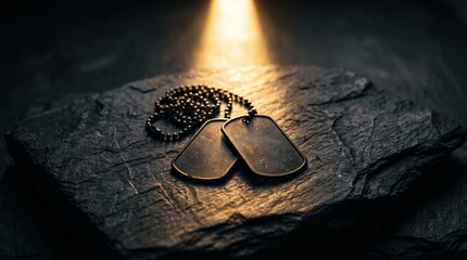 Military dog tags resting on dark stone illuminated by a single beam of golden light, symbolizing respect, honor, and Veterans Day.