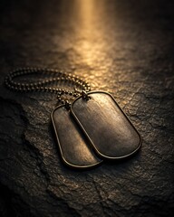 Military dog tags resting on dark stone illuminated by a single beam of golden light, symbolizing respect, honor, and Veterans Day.