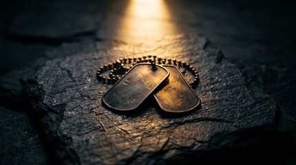 Military dog tags resting on dark stone illuminated by a single beam of golden light, symbolizing respect, honor, and Veterans Day.
