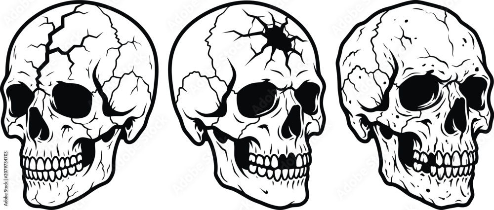 Fototapeta premium Three unique black and white human skull vector illustrations with cracked bone details, isolated on white background, minimal Halloween clipart.