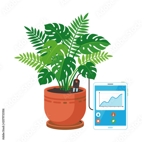 Smart plant monitoring system with sensor and tablet app illustration