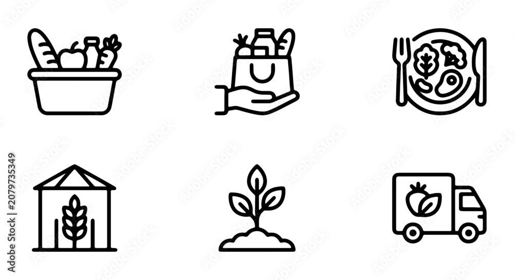 Fototapeta premium Grocery Icons, Food Delivery, Farm to Table, Organic Produce, Vector Set