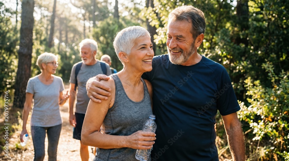 Naklejka premium Active senior couple hiking in forest with friends, healthy lifestyle for elderly people, outdoor fitness and retirement activity concept