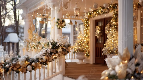 A beautiful house porch is decorated with festive lights and garland for a winter celebration.