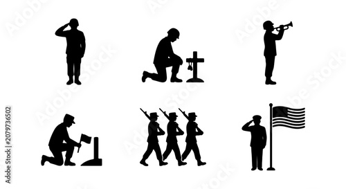 Quadro su tela Military Salute Icons, Soldier Silhouettes, Memorial Day Vector Set