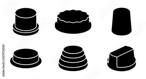Tableau sur toile Six Isometric Black Icons: Buttons, Caps, and Thimbles