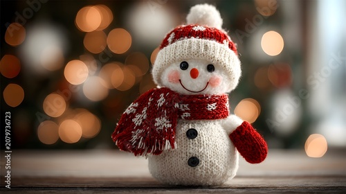 A cute knitted snowman wearing a red and white hat and scarf smiles happily in a festive setting.