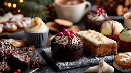 A variety of delicious frosted desserts with berries and a cup of coffee are arranged table.