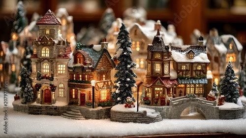 A charming miniature village with snow-covered houses and illuminated windows sits in a cozy indoor setting.