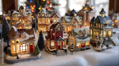 A charming miniature village with snow-covered houses and glowing windows creates a warm festive scene.