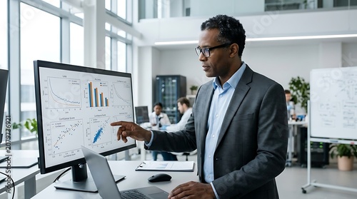 A professional man in a suit and glasses points to a financial graph on a large monitor in a modern office environment.