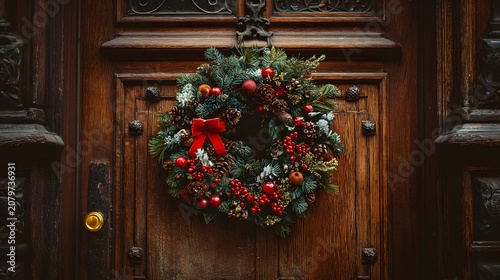A festive green wreath with red berries and a bow hangs on a rustic wooden door outside a home.
