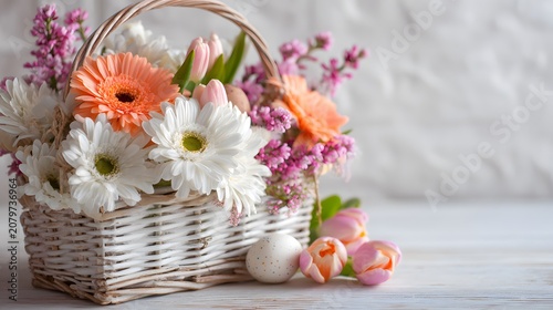 A beautiful white wicker basket filled with colorful spring flowers and speckled eggs sits on a light wooden table.