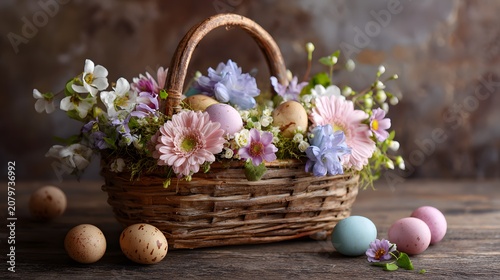 Wicker basket filled with colorful spring flowers and painted eggs on a rustic wooden surface