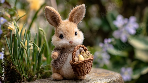 A cute brown fuzzy bunny figurine holding a tiny basket with yellow eggs in a spring garden setting.