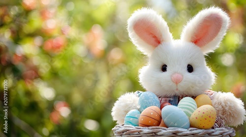 A cute white fluffy bunny holds a basket full of colorful decorated eggs in a bright green outdoor setting.