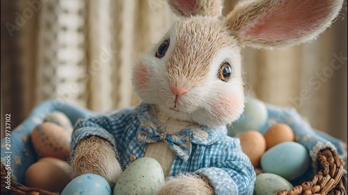 An adorable fluffy bunny doll wearing a blue plaid shirt sits in a basket with colorful eggs.