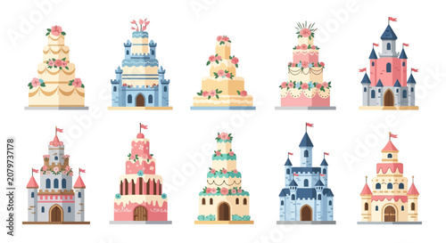 Set of Decorative Castle Cakes and Fairy Tale Towers Illustration