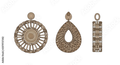 Obraz na plátně Set of Three Woven Rattan Earrings in Circular, Teardrop, and Rectangular Shapes
