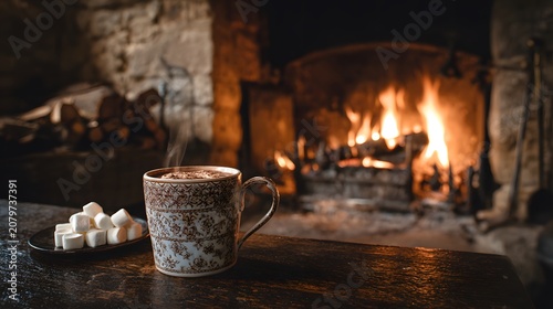 A warm cup of hot chocolate and sugar cubes sits on a wooden table in front of a cozy fireplace