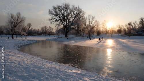 People ice skating on a frozen lake surrounded by snow-covered trees at sunset
