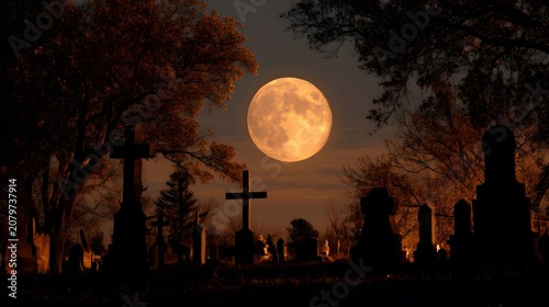 A large full moon glows brightly over a dark cemetery with many gravestones and trees