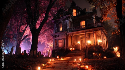 Spooky haunted house decorated with pumpkins and gravestones for at night
