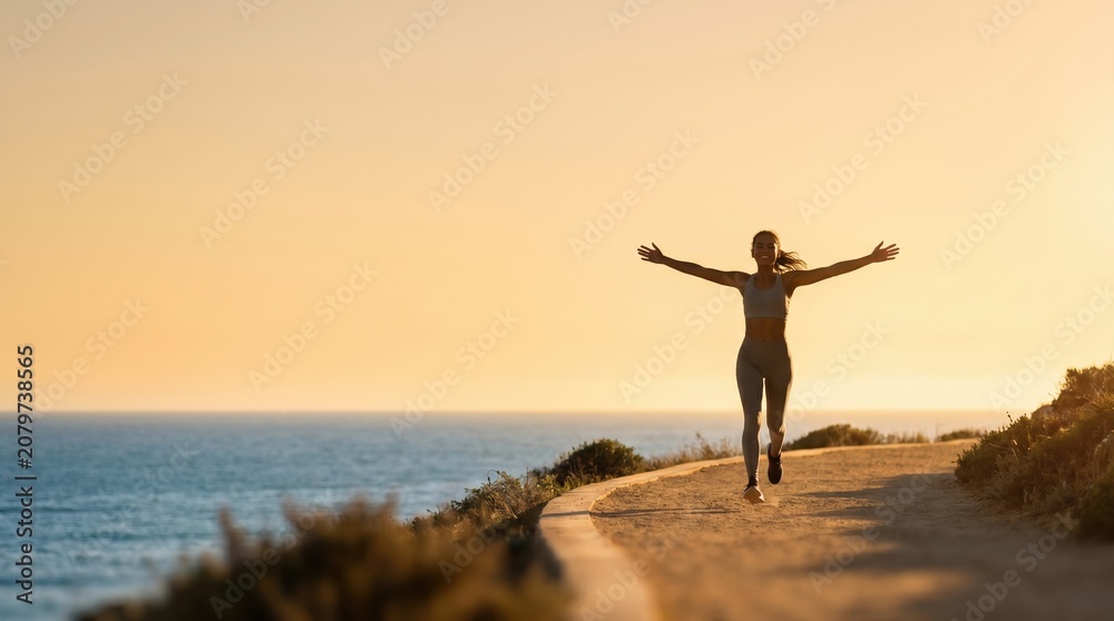 Fototapeta premium Young fit woman running on coastal path at sunset with arms outstretched representing freedom and healthy active lifestyle